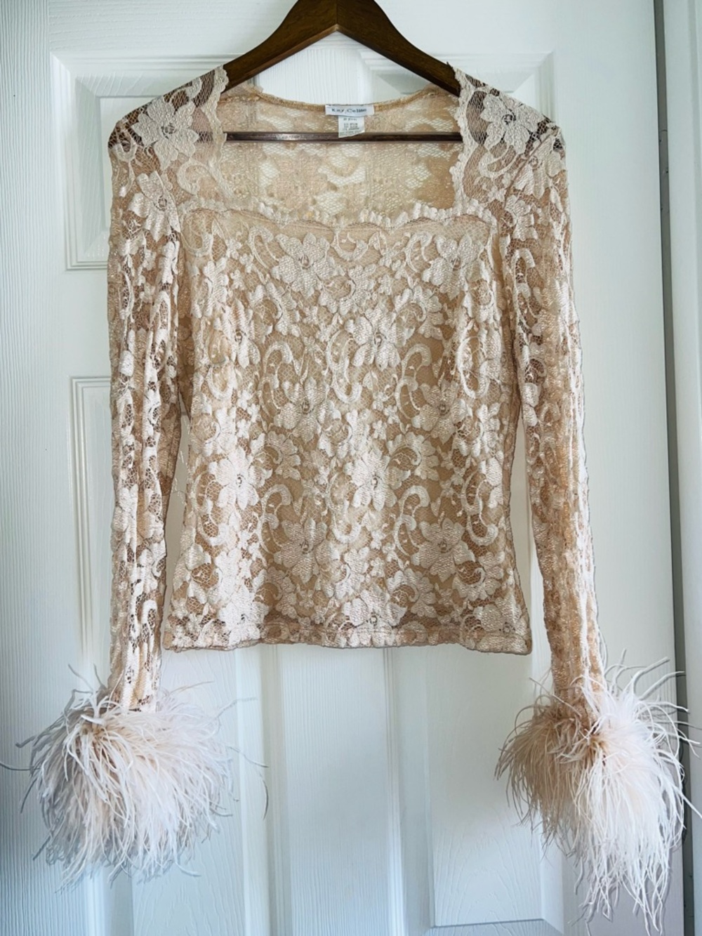 Vintage Kay Celine Feather-Cuff Lace Blouse in Nude